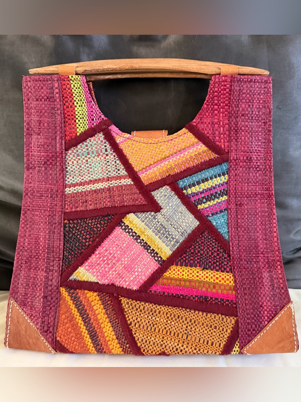 Boutique Kessie Kim WovenPatchwork w/D Shaped Wood Handle Leather Closure Bag - Picture 3 of 5